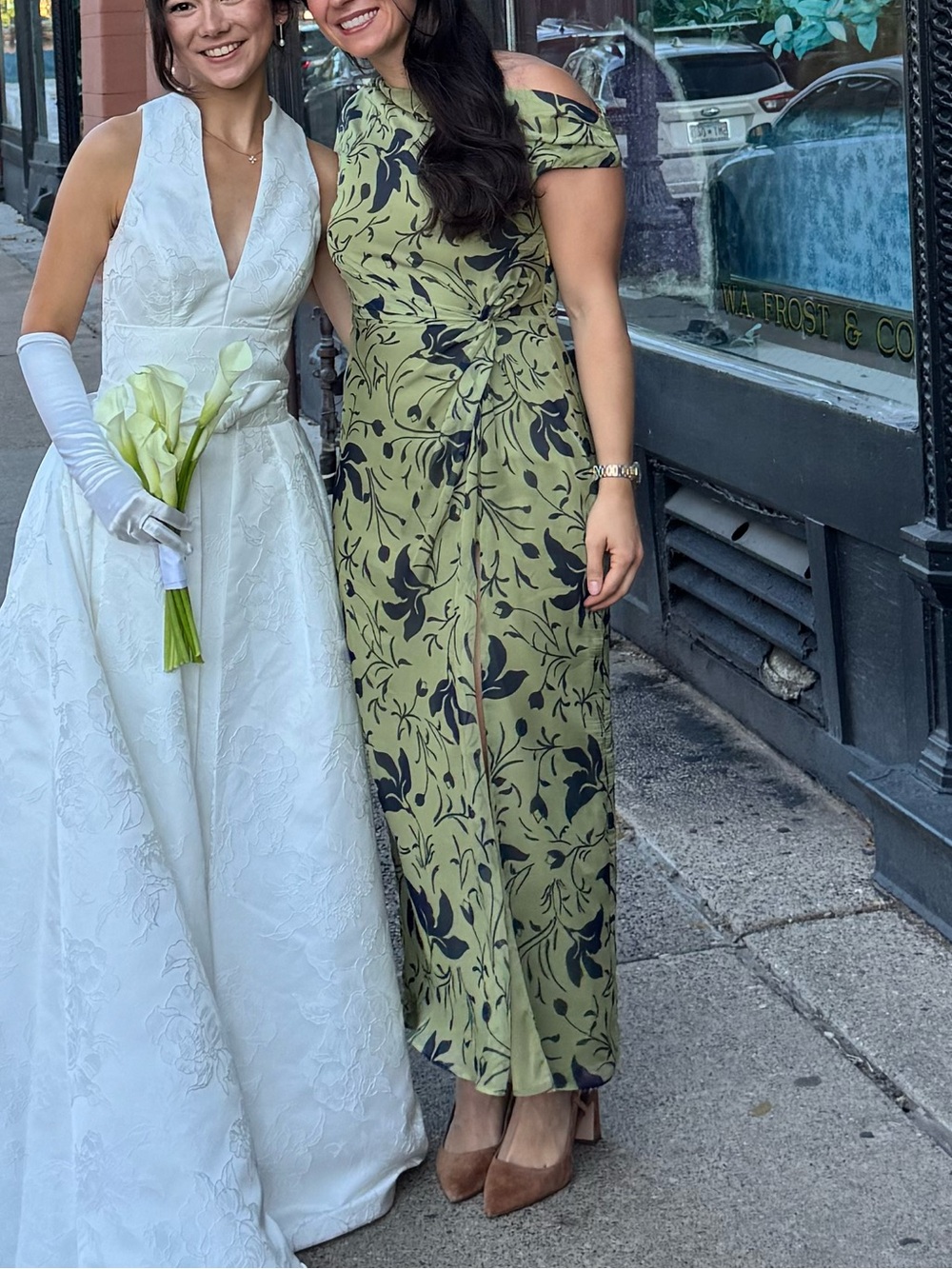Olive Green and Navy Floral Midi Dress with Side Slit